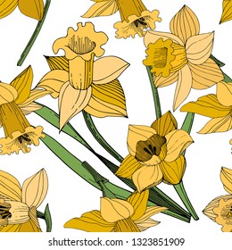 Vector Yellow Narcissus floral botanical flower. Wild spring leaf wildflower isolated. Engraved ink art. Seamless background pattern. Fabric wallpaper print texture.