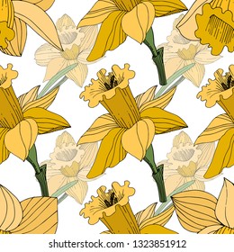 Vector Yellow Narcissus floral botanical flower. Wild spring leaf wildflower isolated. Engraved ink art. Seamless background pattern. Fabric wallpaper print texture.