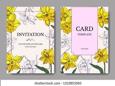 Vector Yellow Narcissus floral botanical flower. Wild spring leaf isolated. Engraved ink art. Wedding background card floral decorative border. Elegant card illustration graphic set banner.