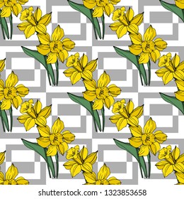 Vector Yellow Narcissus floral botanical flower. Wild spring leaf wildflower isolated. Engraved ink art. Seamless background pattern. Fabric wallpaper print texture.