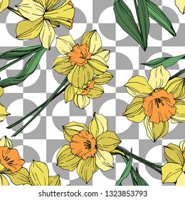 Vector Yellow Narcissus floral botanical flower. Wild spring leaf wildflower isolated. Engraved ink art. Seamless background pattern. Fabric wallpaper print texture.