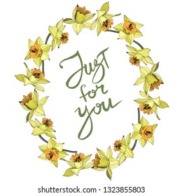 Vector Yellow Narcissus floral botanical flower. Wild spring leaf wildflower isolated. Engraved ink art. Frame border ornament square.