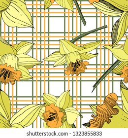 Vector Yellow Narcissus floral botanical flower. Wild spring leaf wildflower isolated. Engraved ink art. Seamless background pattern. Fabric wallpaper print texture.