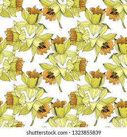 Vector Yellow Narcissus floral botanical flower. Wild spring leaf wildflower isolated. Engraved ink art. Seamless background pattern. Fabric wallpaper print texture.