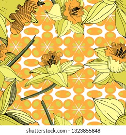 Vector Yellow Narcissus floral botanical flower. Wild spring leaf wildflower isolated. Engraved ink art. Seamless background pattern. Fabric wallpaper print texture.