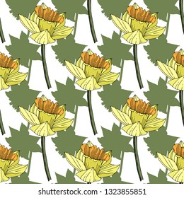 Vector Yellow Narcissus floral botanical flower. Wild spring leaf wildflower isolated. Engraved ink art. Seamless background pattern. Fabric wallpaper print texture.