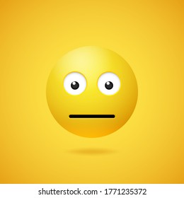 Vector yellow neutral emoticon with opened eyes and mouth on white background. Funny cartoon poker face Emoji icon. 3D illustration for chat or message.