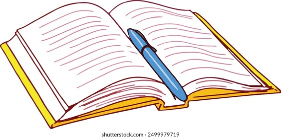 Vektor aus gelbem Notizbuch und blauem Stift auf weißem Hintergrund