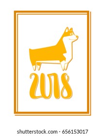 Vector yellow numbers 2018 with dog, next new year template illustration. Hand lettering isolated on wite.