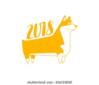 Vector yellow numbers 2018 with dog, next new year template illustration. Hand lettering isolated on wite.