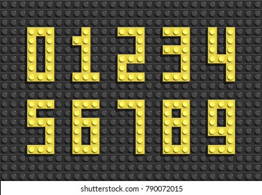 Image vectorielle nombres jaunes de briques de lego en plastique. Numéros de lego coloré .Arrière-plan lego noir