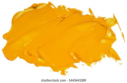 Vector yellow oil brush stroke. Abstract varnish splash trace shape. Glossy oil paint smear on white background. Eps 10 vector illustration.