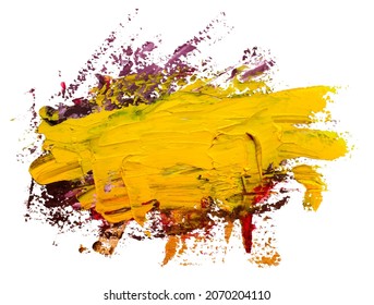 Vector yellow oil brush stroke. Abstract varnish splash trace shape. Glossy hand drawn oil paint smear on white background. EPS10 illustration.