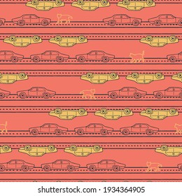 Vector yellow orange cars cats seamless pattern