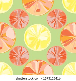 Vector yellow orange citrus fruit seamless geometric pattern on light green background. Painterly style. Great for wellness, spa, health products, cafe, summer, packaging, fabric, stationery