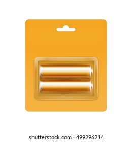 Vector Yellow Orange Glossy Alkaline AA Batteries in Yellow Orange Blister Packed for branding Close up Isolated on White Background
