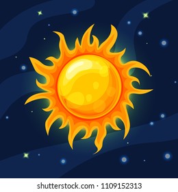 Vector yellow and orange sun in deep dark blue space with cartoon prominence and glow. Flat modern style. Sun in space, vector illustration, with starry sky