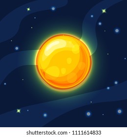Vector yellow and orange sun in deep dark blue space with cartoon prominence and glow. Flat modern style. Sun in space, vector illustration, with starry sky