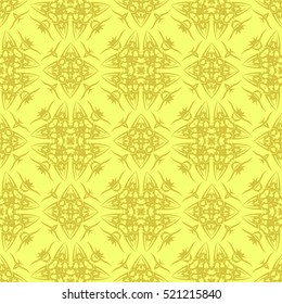 Vector Yellow Ornamental Seamless Line Pattern. Endless Texture. Oriental Geometric 