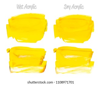 Vector yellow paint smear stroke stain set. Abstract acrylic textured art illustration. Acrilyc Texture Paint Stain Illustration. Hand drawn brush strokes vector elements. Acrilyc strokes.