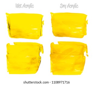 Vector yellow paint smear stroke stain set. Abstract acrylic textured art illustration. Acrilyc Texture Paint Stain Illustration. Hand drawn brush strokes vector elements. Acrilyc strokes.