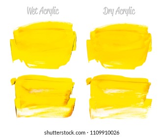 Vector yellow paint smear stroke stain set. Abstract acrylic textured art illustration. Acrilyc Texture Paint Stain Illustration. Hand drawn brush strokes vector elements. Acrilyc strokes.