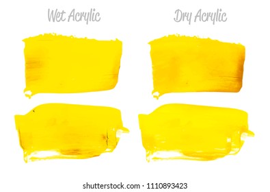 Vector yellow paint smear stroke stain set. Abstract acrylic textured art illustration. Acrilyc Texture Paint Stain Illustration. Hand drawn brush strokes vector elements. Acrilyc strokes.
