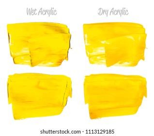 Vector yellow paint smear stroke stain set. Abstract acrylic textured art illustration. Acrilyc Texture Paint Stain Illustration. Hand drawn brush strokes vector elements. Acrilyc strokes.