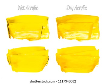Vector yellow paint smear stroke stain set. Abstract acrylic textured art illustration. Acrilyc Texture Paint Stain Illustration. Hand drawn brush strokes vector elements. Acrilyc strokes.