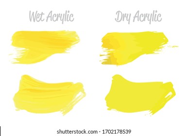 Vector yellow paint smear stroke stain set. Abstract acrylic textured art illustration. Acrilyc Texture Paint Stain Illustration. Hand drawn brush strokes vector elements. Acrilyc strokes.
