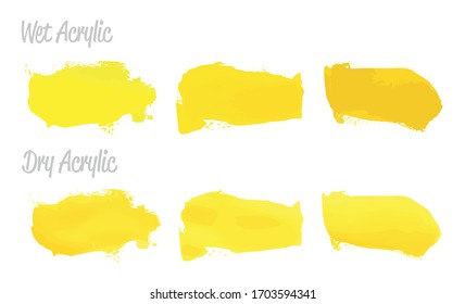 Vector yellow paint smear stroke stain set. Abstract acrylic textured art illustration. Acrilyc Texture Paint Stain Illustration. Hand drawn brush strokes vector elements. Acrilyc strokes.