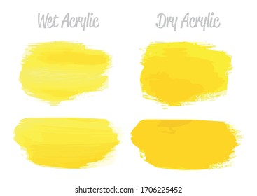 Conjunto de manchas de manchas de pintura amarilla vectorial. Dibujo artístico en textura acrílica abstracta. Ilustración De Pintura De Textura Acrilítica. Elementos vectoriales de trazos de pincel dibujados a mano. Acilia.