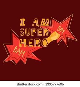 Vector yellow paper cut text - I AM SUPER HERO. Modern colorful background for wallpaper, prints, cards, banners, posters. Brown, yellow, red colors on dark isolated background.