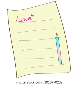 Vector - Yellow paper note with pencil and word “love” on pastel color. Copy space. Can be use for Valentine’s day , birthday or decorate web.