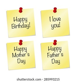 Vector yellow paper notes with push pin and happy birthday, i love you, happy mother's day, happy father's day words