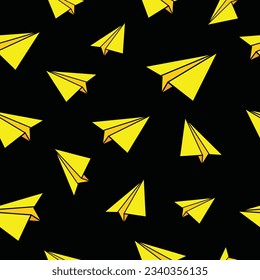 Vector yellow paper planes on black  background. Can be used as wallpaper banner or card template textile fabric prints wrapping paper print or for any other use. Paper Planes Seamless Pattern.