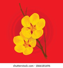 Vector yellow peach blossom flowers on red background - Traditional symbol of Tet Holiday in Vietnam
