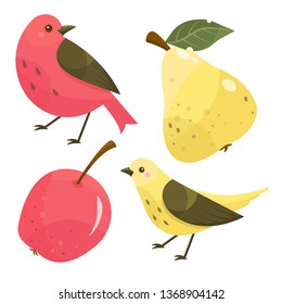 Vector yellow pear with leaves, red apple, bird. Cartoon fruits set. Vegan, diet food.