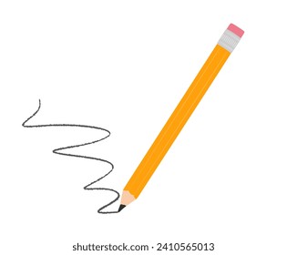 Vector yellow pencil isolated on white background. Flat illustration of pencil with wave line drawing. Stationery tool or item for drawing and sketches, wooden object for writing and drawing. Vector