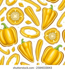 Vector Yellow Pepper Seamless Pattern, decorative background with variety flying cartoon sweet peppers with seeds, square poster with group of whole and parts yellow bell peppers on white background