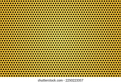 Vector yellow perforated metal texture. Metallic bright grill seamless pattern. Round holes steel background. 3d iron sheet surface. Dotted grate shape, top view. Circle hole pattern stainless steel