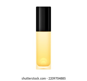 Vector Yellow Perfume Glass Bottle Isolated On White Background. Luxury Makeup Jar Realistic Illustration. Golden Vial Cologne Mockup. Premium Fluid Spray Can With Black Cap. France Cosmetic Container