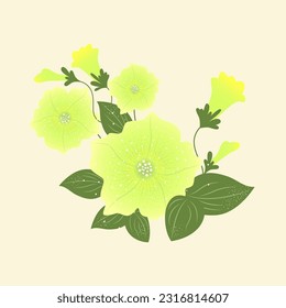 Vector yellow petunia flower with leaves and buds illustration.