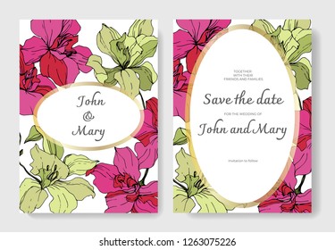 Vector Yellow and pink Orchid. Floral botanical flower. Engraved ink art. Wedding background card floral decorative border. Thank you, rsvp, invitation elegant card illustration graphic set banner.