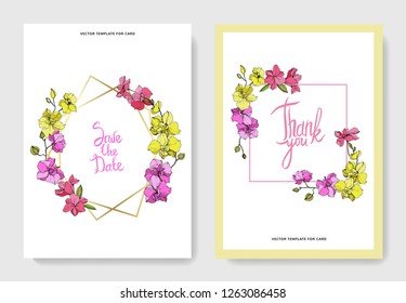 Vector Yellow and pink Orchid. Floral botanical flower. Engraved ink art. Wedding background card floral decorative border. Thank you, rsvp, invitation elegant card illustration graphic set banner.