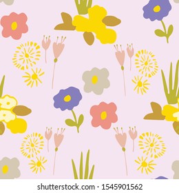 Vector yellow pink purple floral seamless repeat patten on a pale pink back round
