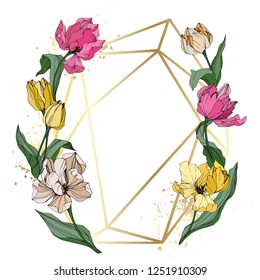 Vector Yellow, pink and white tulip engraved ink art. Floral botanical flower. Wild spring leaf wildflower isolated. Frame border ornament square.