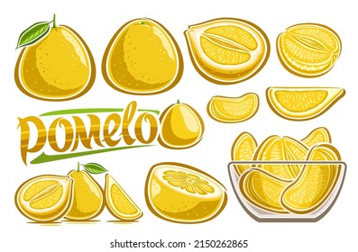 Vector Yellow Pomelo Set, lot collection of cut out illustrations various fruity exotic still life composition with green leaves and chopped pomelo, many variety fruits in glass bowl and word pomelo
