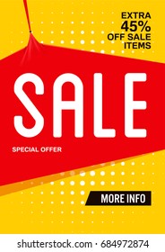 Vector yellow poster or flyer design with red banner from stretch fabric and sale inscription.