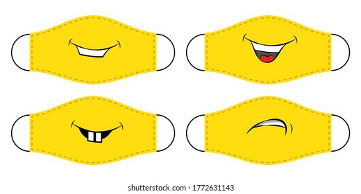 Vector yellow protective face mask isolated set on white background. Smiley mood design. Funny smiling respiratory medical virus protective facial wear. Coronavirus spread prevention clothing